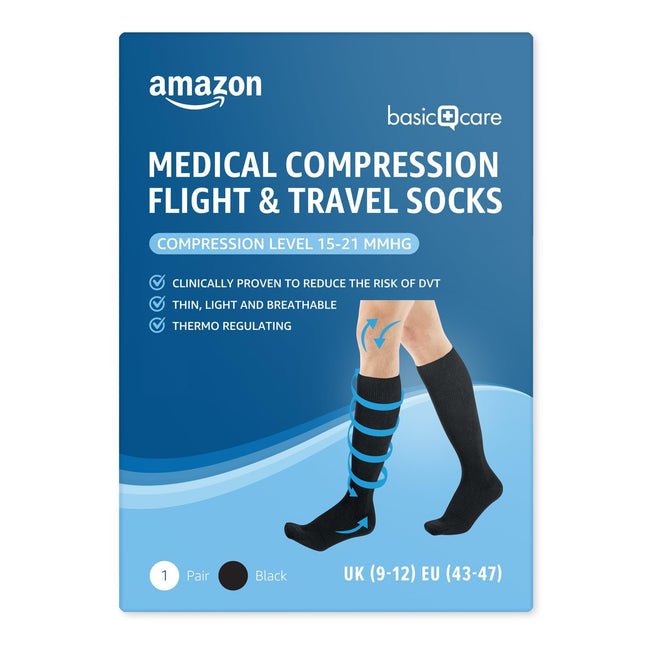 Amazon Basic Care Medical Compression Socks for Flight and Travel, Size 39-43, Black