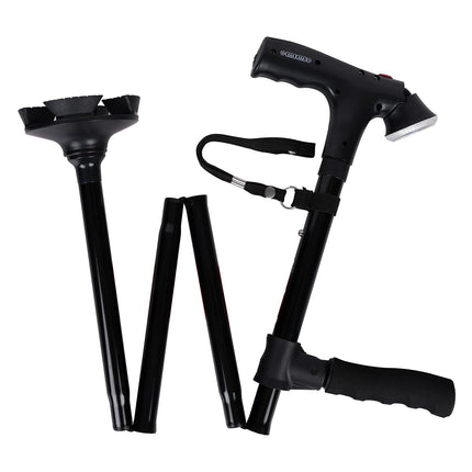 Folding Cane with LED Light and Alarm, Adjustable Armrest Cane and Walking Stick, Rotating Quad Base for Arthritis Disabled and Elderly