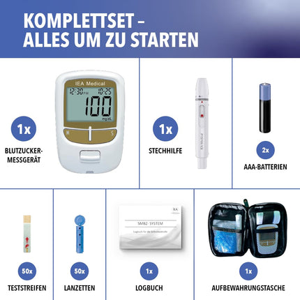 IEA Medical Blood Glucose Meter | Blood Glucose Meter Set with Test Strips | Glucose Meter | Diabetes Test | 50 Test Strips &amp; 50 Lancets