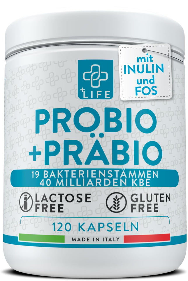 Probiotics for intestinal cleansing with prebiotics 120 capsules PiuLife 40 billion CFU intestinal detoxification, probiotic lactic ferments from 20 strains, intestinal probiotics with inulin and FOS, abdominal bloating,