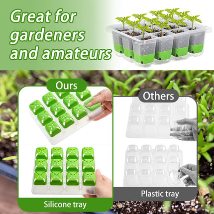 Palwin 2 Pcs Silicone Seedling Trays, 24 Cell Reusable Seedling Tray, Indoor Greenhouse Seedling Box with Silicone Bottom, Mini Greenhouse Seedling Set with Plant Labels for Plants, Green