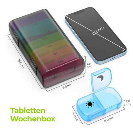 AUVON 7-day morning/evening pill box, 2 compartments, handy and moisture-resistant medication box for your handbag or pocket to store medications (rainbow)