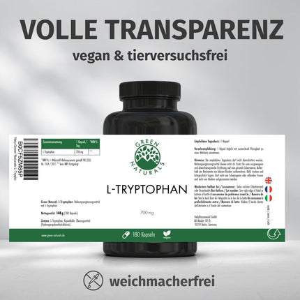 L-Tryptophan - High Dose: 700 mg per Capsule - 6-Month Supply (180 Capsules) - Vegan &amp; No Additives - Pharmacy Quality - Green Naturals®