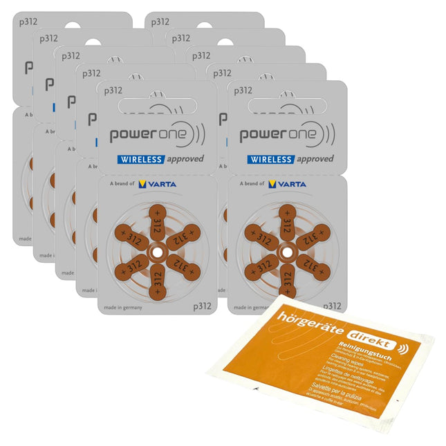 60x Power One 312 hearing aid batteries P312 PR41 (10x 6-pack blisters) + DIREKT cleaning cloth | for hearing aids