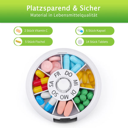 Opret German Pill Box 7 Days Small, Pill Box Small Medicine Box Tablets Weekly Box Pill Box Tablet Box for On the Go Round Small Black