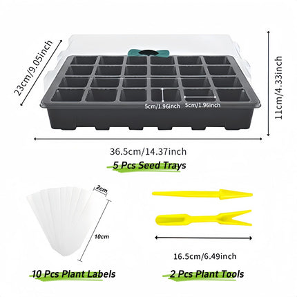 Danolt 5 Pack Seedling Starter Trays Seed Propagator Tray with Adjustable Humidity Dome Seedling Tray for Seed Germination, 24 Grids