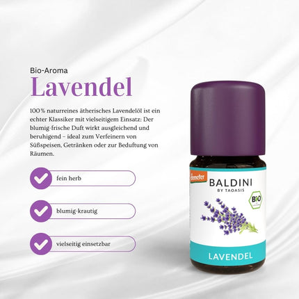 Baldini Organic Lavender Oil 5ml - 100% Pure Essential Oil - Food Grade - Vegan - for Food, Drinks &amp; Aroma Diffusers - from Italy