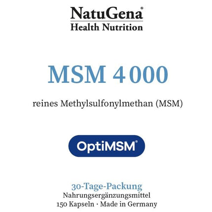 NatuGena MSM 4000, 4,000 mg pure methylsulfonylmethane (MSM) per daily dose, derived from the raw material OptiMSM, 150 capsules (30-day pack)