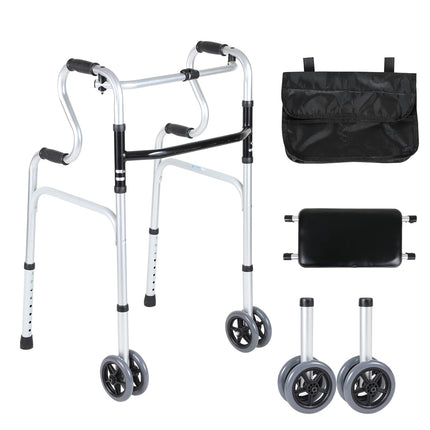 Eulenke walking aid for seniors, folding walking frame with 2 castors, walking aid for adults, height-adjustable walking frame made of aluminum, non-slip, stable walking frame up to 180 kg, silver
