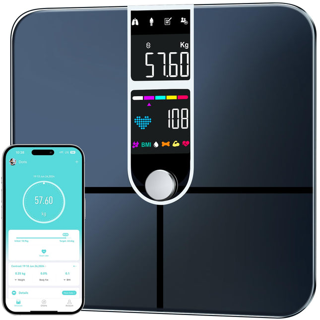Body fat scale with large display, ultra-precision scale with body fat and muscle mass, personal scale with body fat analysis, personal scale with 22 measurements, heart rate, BMI, body analysis scale