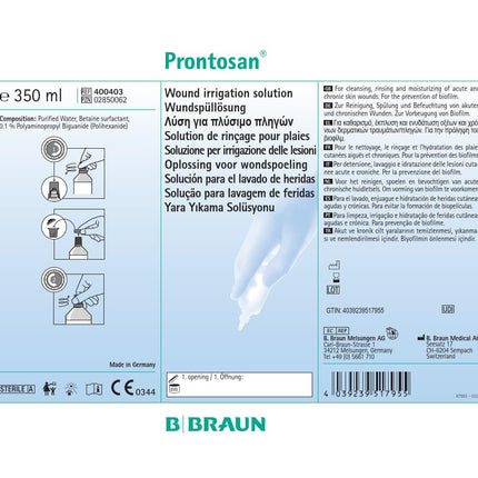 Prontosan wound irrigation solution | Cleansing, rinsing and moisturizing of acute, chronic and infected skin wounds and burns | 350ml spray bottle