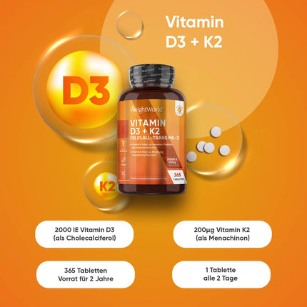 Vitamin D3 K2 2000 IU - 2 Year Supply - 365 Tablets with 200μg Vit K2 - 98.8% All-Trans MK-7 - 1 Tablet every 2 days - Alternative to Vitamin Drops - Vegan Source (Lichen) - WeightWorld