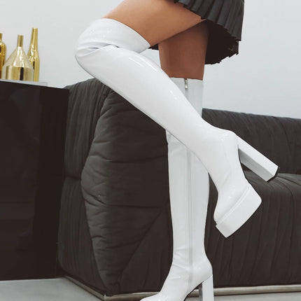 Roimaash Fashion Platform Boots Over The Knee Zipper Stretch Boots Evening Pole Dance Heels Long Boots Square Toe Disco Boots Patent White Plus Size 40