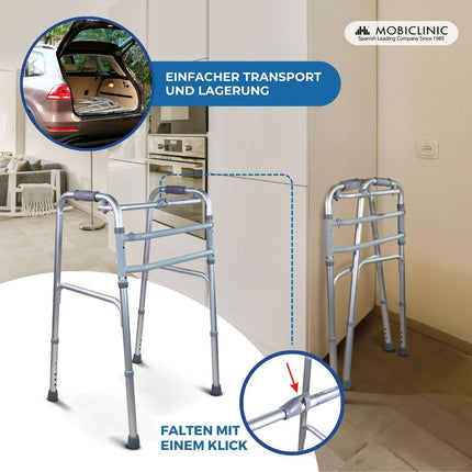 Mobiclinic®, Walking Aid, Mezquita, European Brand, Walking Frame, Foldable, Lightweight, Height Adjustable, For Seniors, Made of Aluminum, Non-Slip, Ergonomic Handles, Up to 100 kg, Silver