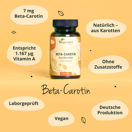 Beta Carotene Capsules | Price-Performance Winner 2024* | 100% natural from carrot extract | Tanning Capsules - Eyes* | German production Vegavero® | Laboratory-tested, vegan, no additives | 180 Capsules