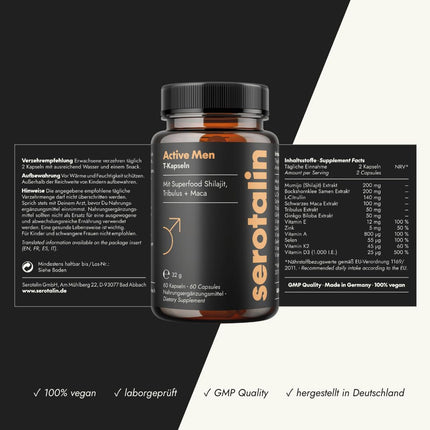 serotalin ACTIVE MEN Maca Capsules for Men | Fenugreek with Shilajit, L-Citrulline, Black Maca &amp; Tribulus | Vegan &amp; Made in Germany | 60 Capsules