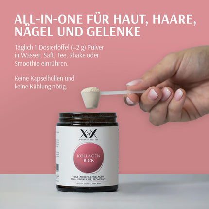 XbyX Collagen Kick 90 g | 45 servings | Vegetarian premium collagen powder from eggshell membrane for skin, hair, bones, muscles, nails, and joints | Type 1, 5, and 10 collagen | From Germany