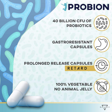 PROBION® | Probiotics for Colon Cleansing | Probiotic Capsules | 40 Billion CFU | Lactobacillus, Bifidobacterium + Enzi-Mix + Vitamins + Bamboo and Chamomile to Eliminate Intestinal Gas | 30 Sustained-Release Capsules