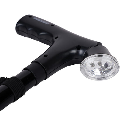 Folding Cane with LED Light and Alarm, Adjustable Armrest Cane and Walking Stick, Rotating Quad Base for Arthritis Disabled and Elderly
