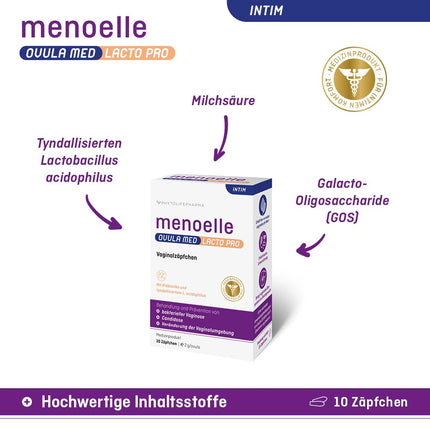 menoelle® OVULA med Lacto Pro. For bacterial vaginosis, vaginal yeast infections, inflamed mucous membranes, and vaginal dryness. With lactic acid, probiotics, and a care complex. Hormone-free. 10 suppositories.