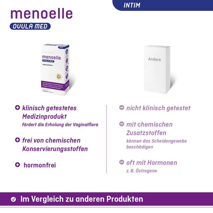 menoelle® OVULA med - Vaginal Suppositories. For bacterial vaginosis, vaginal yeast infections, and vaginal dryness. With lactic acid and hyaluronic acid. Hormone-free and preservative-free. 10 suppositories.
