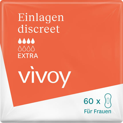 Vivoy Discreet Extra - 60 pads in a monthly pack (6 x 10 pads) - for moderate bladder weakness and incontinence - individually wrapped sanitary pads for women