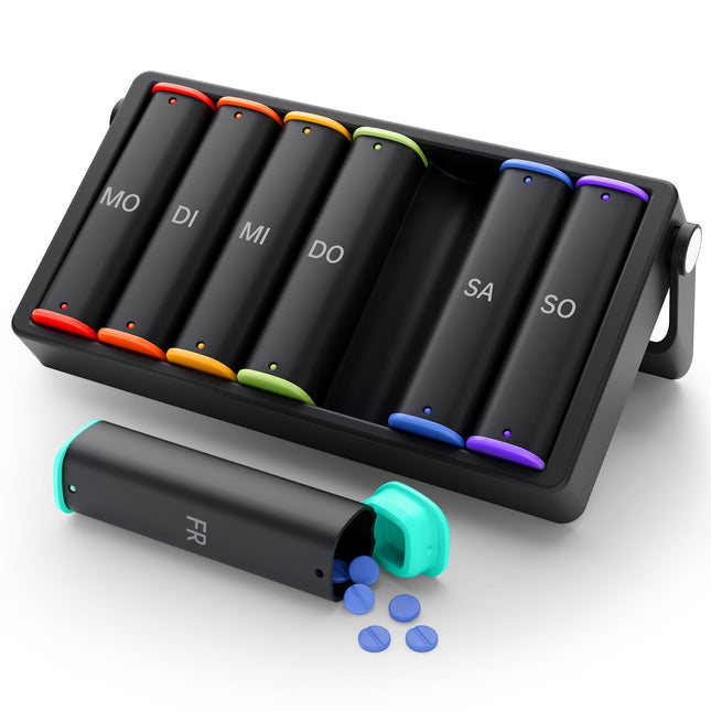 Pill box 7 days morning evening, KOVIUU weekly pill box 2 compartments, medicine box on the go, pill box, large tablets pill box organizer, medicine box pill box for vitamins, black