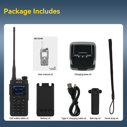 Retevis C62 Walkie Talkie Dual Band, Long Range Ham 2-Way Radio, 2000 mAh Rechargeable Walkie Talkies for Adults, for Hiking/Hunting/Camping (Black, 2 Pack)
