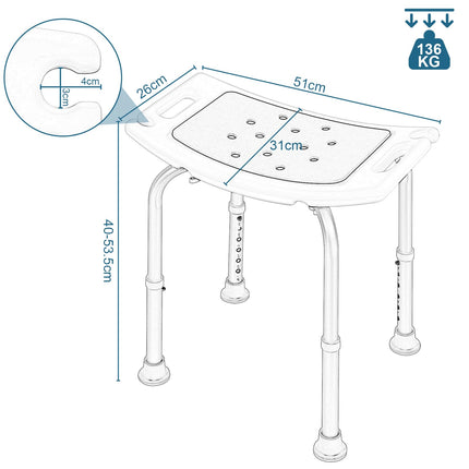 EUGAD Shower Stool, Height-Adjustable Shower Chair, Anti-Slip Feet Handles, Shower Seat, Bath Seat, with Shower Head Holder, for Seniors and Pregnant Women, Made of Aluminum Plastic, 40-53.5 cm, White/Blue