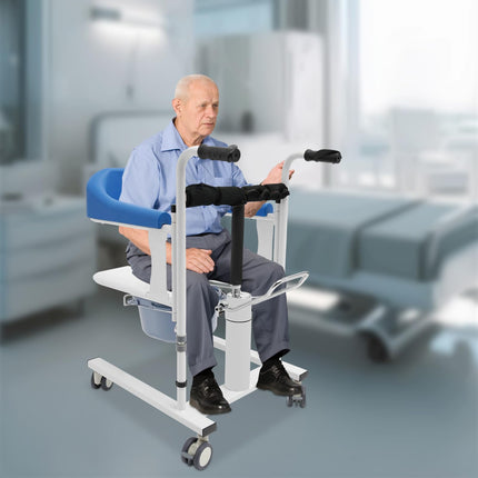 MINRS Hydraulic Patient Lift Transfer Chair Shower Chair with Wheels up to 90 kg Commode Chair for Seniors 180° Split Seat for Sick, Elderly, Disabled, Pregnant Women Blue