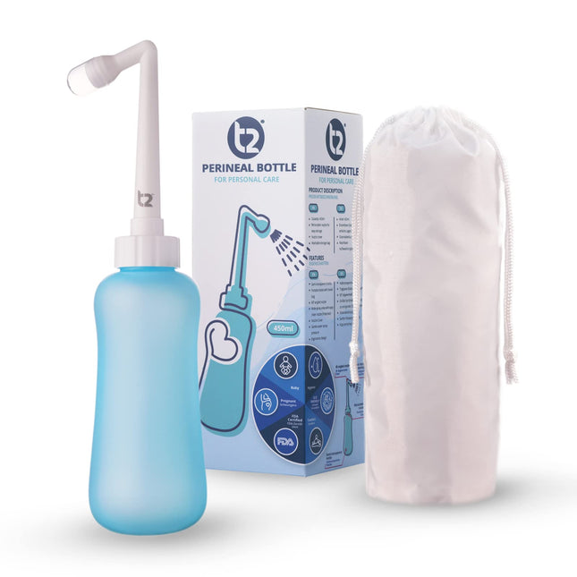 T2 Peri-Bottle - Portable Bidet for Postpartum Care, Perineal Pain Relief - 450 ml Squeeze Bottle with 60° Angle Nozzle, Washable Storage Bag - For Hospital, Pregnancy