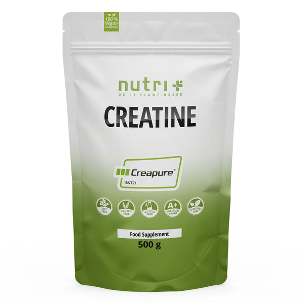 Nutri + Creapure 500g - Creatine Monohydrate Powder - 100% Pure - Ultra Fine Creatine Neutral High Dose - Vegan Creatine Powder from Germany