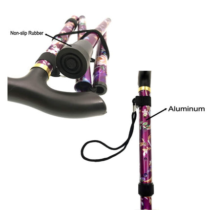 JZK Folding Compact Walking Stick Purple Flowers Extendable Folding Walking Stick Height Adjustable with Wristband and Rubber Sleeve for Home and Travel