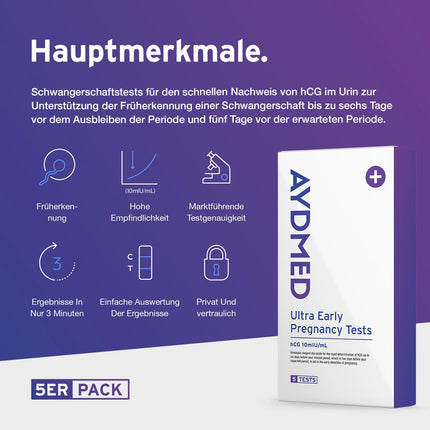 5 x Aydmed Profi Early Pregnancy Test | Ultra-sensitive pregnancy test for detecting pregnancy in urine | Accuracy over 99% | Test 6 days before your missed period
