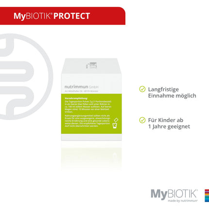 MyBIOTIK®PROTECT I made by nutrimmun I For 30 days I 11 active bacterial cultures I Proven strain specificity I Vitamin B2 I Powder I Vegan I Gluten-free I Lactose-free I Laboratory-tested
