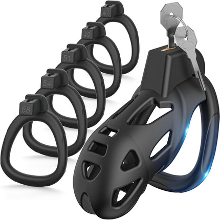 Yivans Resin Chastity Cage Sex Toy Men Chastity Belt Cock Cage with 5 Penis Rings, SM Fetish Extreme Penis Bondage Hollow Design Breathable Penis Cage