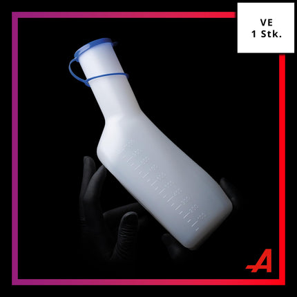 Urine bottle for men, 1000 ml, square, milky color with blue cap: disinfectable and heat-resistant urine collection container for men