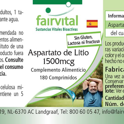 Fairvital | Lithium Aspartate 1500μg - 180 Tablets - Organically bound lithium - Highly bioavailable - Quality-tested and high-dose - 100% vegan - Made in Germany