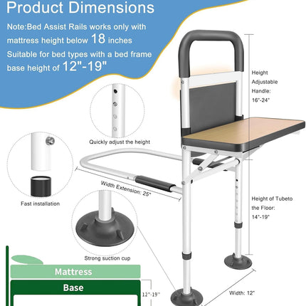 Safe bed rails for older adults, bed riser bed handle adjustable in height with foldable board and storage bag, bedside auxiliary bar with support legs for seniors