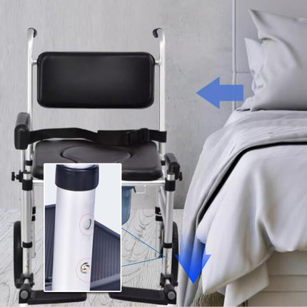 Generic Folding, padded bedside commode wheelchair for elderly and disabled people, Adjustable commode chair with wheels, fold-up armrests and fold-up footrest