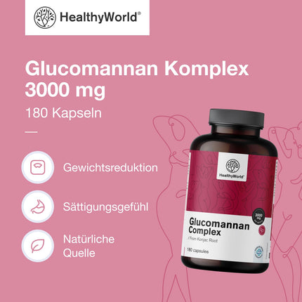 HealthyWorld® Glucomannan Complex 3000 mg – From Konjac Root – 180 Capsules – To Support Weight Loss – With Added Choline, Chromium, Vitamins D3 and B3 – Non-GMO – 1-Month Supply