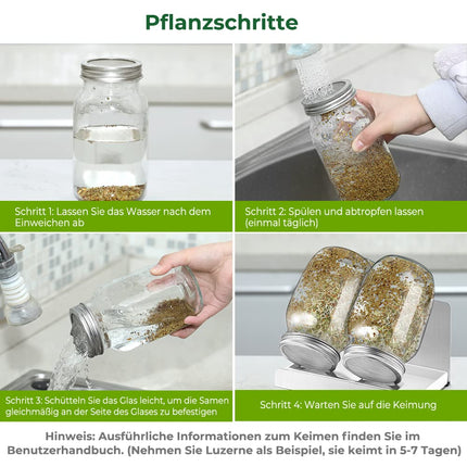 ecooe Sprouting Jar 1000ml, 2-pack Sprouting Jar Glass, sprouting jars for sprouts with 2 filter grid covers made of 304 stainless steel, 1 stand and 1 water bowl