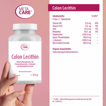 META CARE Colon Lecithin – High-quality phosphatidylcholine – L-glutamine – Plant-based supplement with wormwood leaf extract – High dosage – Vegan – 180 Capsules