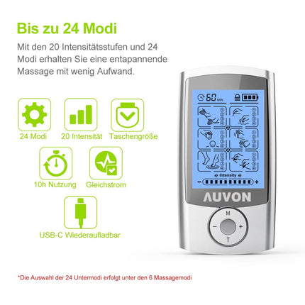 AUVON TENS device, rechargeable electrical stimulation device for pain with 24 training programs, 2 channels and 10 pieces of 2"x 2" premium electrode pads with patented design