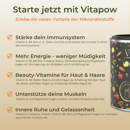 Multivitamin Powder + Magnesium, Zinc &amp; Selenium - Vitamins AZ high dose - Strengthens immune system - High-quality micronutrients - No added sugar - Vegan - Made in Germany - ACE flavor