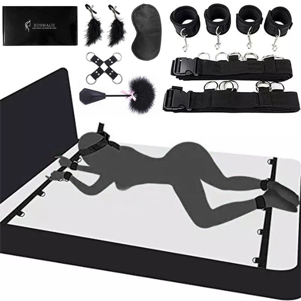 BDSMAGE BDSM set with 7 pieces, SM bed sets, feather whip and eye mask, restraints handcuffs ankle cuffs feathers nipple clamps fetish sex toy extreme bondage set for attachment to the bed for couples