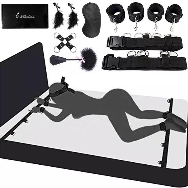 BDSMAGE BDSM set with 7 pieces, SM bed sets, feather whip and eye mask, restraints handcuffs ankle cuffs feathers nipple clamps fetish sex toy extreme bondage set for attachment to the bed for couples
