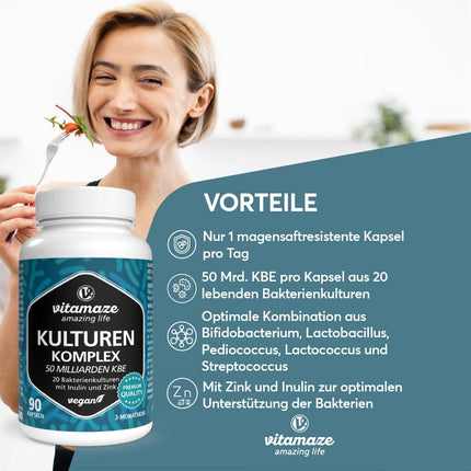 Culture complex high-dose with 400 billion CFU/g in 1 capsule, 20 bacterial cultures for intestinal flora development with inulin and zinc, 90 vegan &amp; gastro-resistant capsules with 50 billion CFU for 3 months