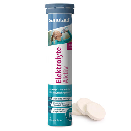sanotact Electrolytes Active - 20 effervescent electrolyte tablets with magnesium, sodium, potassium. Calorie-free, sugar-free, vegan. Lime-grapefruit flavor.