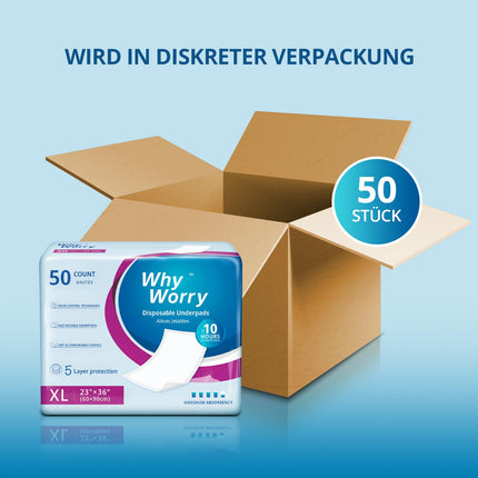 WhyWorry Incontinence Bed Pad 60 x 90 cm, Disposable Changing Mat Waterproof, Highly Absorbent Incontinence Pads for Adults and Babies, 50 Pack